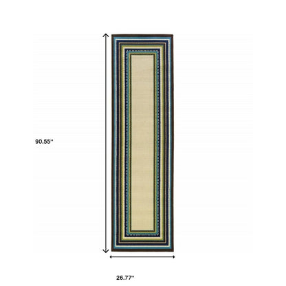 8' X 13' Ivory And Blue Striped Indoor Outdoor Area Rug