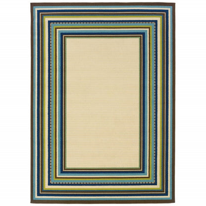 8' X 13' Ivory And Blue Striped Indoor Outdoor Area Rug