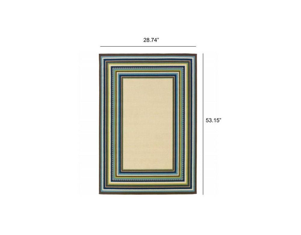 8' X 13' Ivory And Blue Striped Indoor Outdoor Area Rug