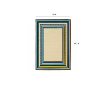 8' X 13' Ivory And Blue Striped Indoor Outdoor Area Rug