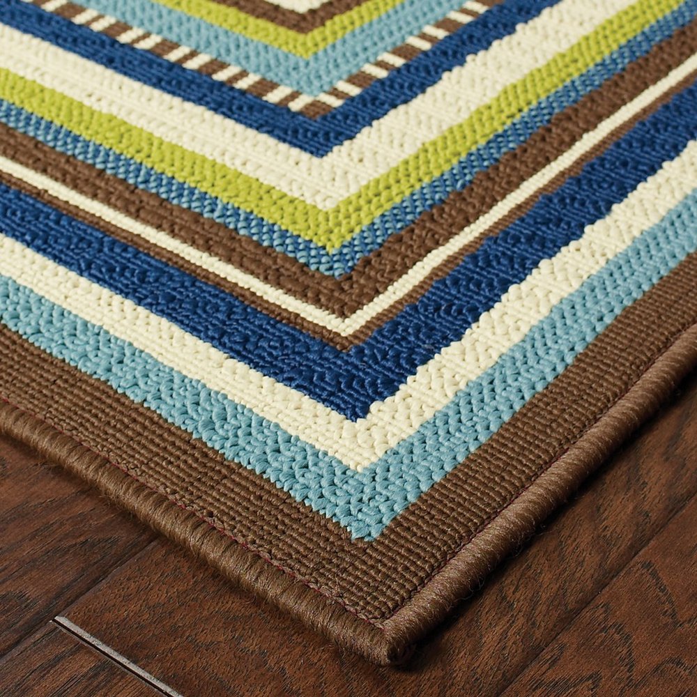 8' X 13' Ivory And Blue Striped Indoor Outdoor Area Rug
