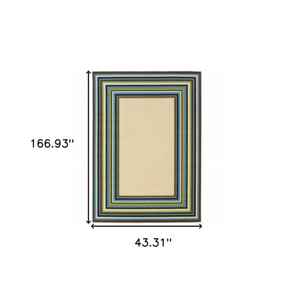 8' X 13' Ivory And Blue Striped Indoor Outdoor Area Rug