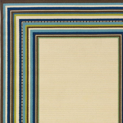 8' X 13' Ivory And Blue Striped Indoor Outdoor Area Rug