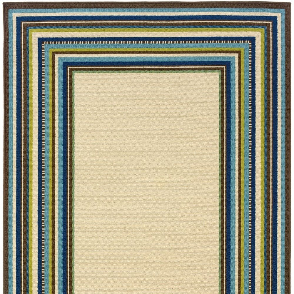 8' X 13' Ivory And Blue Striped Indoor Outdoor Area Rug