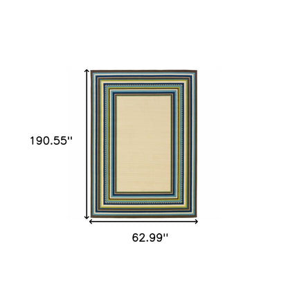8' X 13' Ivory And Blue Striped Indoor Outdoor Area Rug