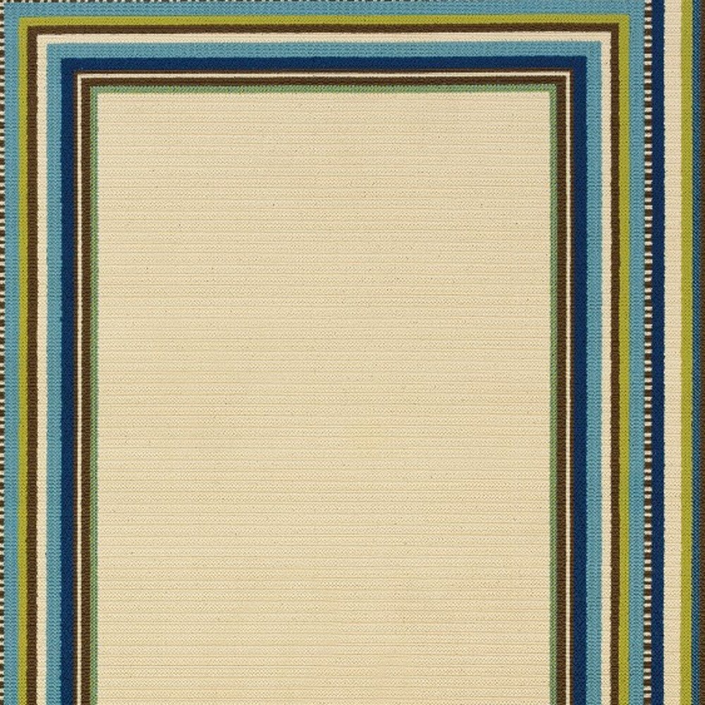 8' X 13' Ivory And Blue Striped Indoor Outdoor Area Rug