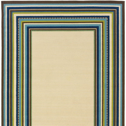 8' X 13' Ivory And Blue Striped Indoor Outdoor Area Rug