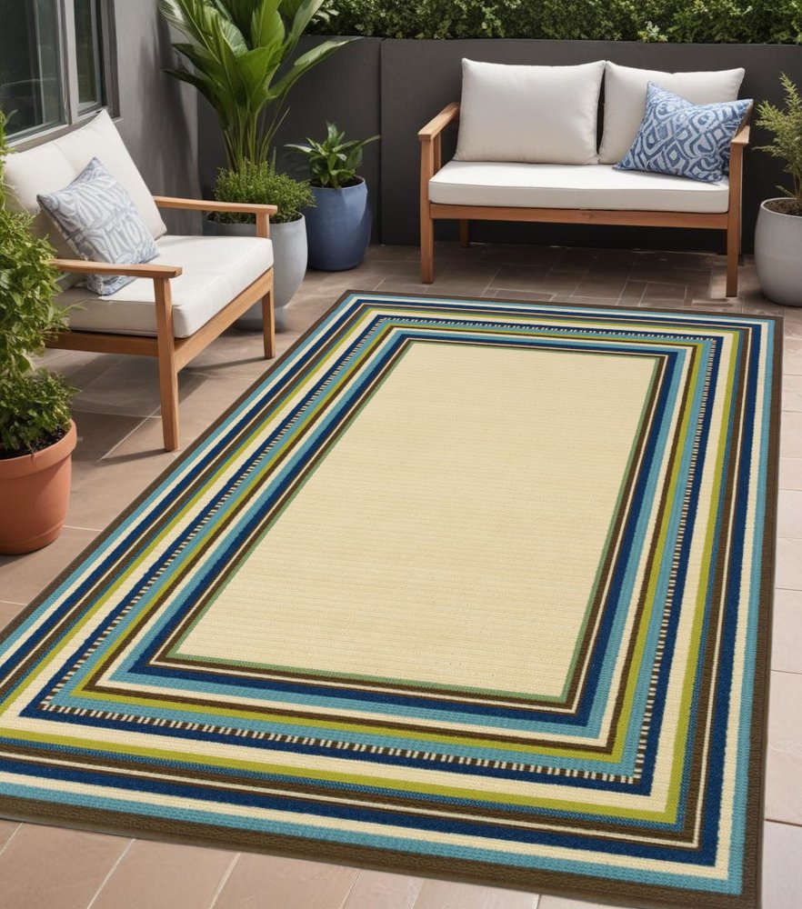 8' X 13' Ivory And Blue Striped Indoor Outdoor Area Rug