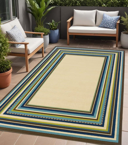 8' X 13' Ivory And Blue Striped Indoor Outdoor Area Rug