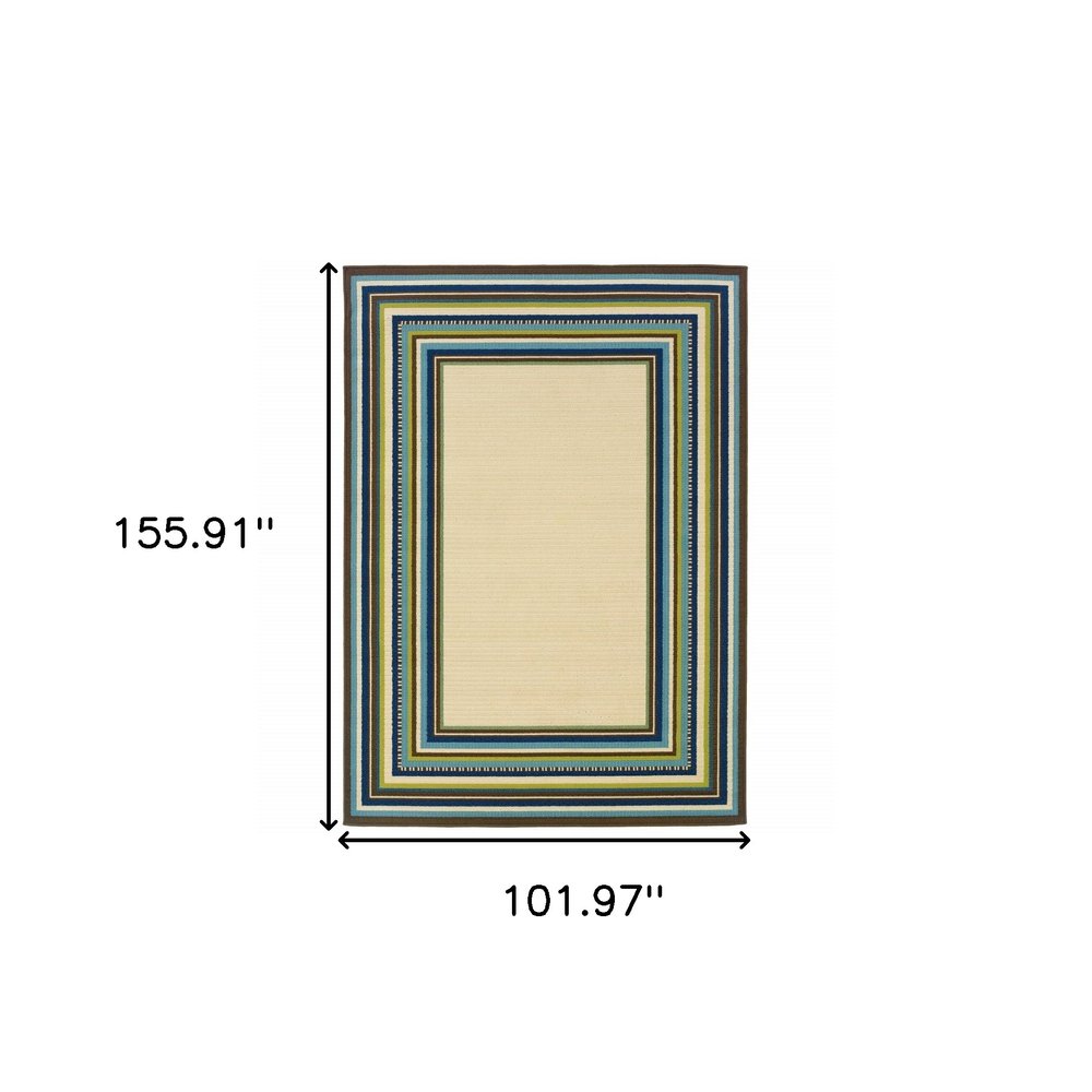 8' X 13' Ivory And Blue Striped Indoor Outdoor Area Rug