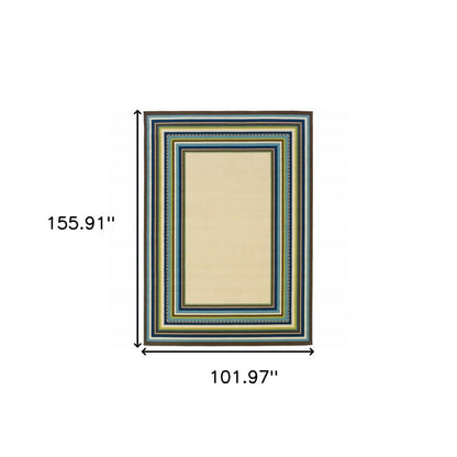 8' X 13' Ivory And Blue Striped Indoor Outdoor Area Rug