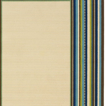 8' X 13' Ivory And Blue Striped Indoor Outdoor Area Rug