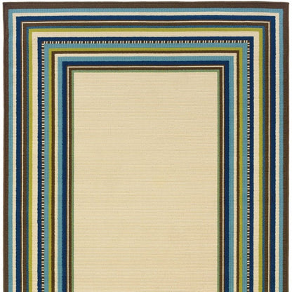 8' X 13' Ivory And Blue Striped Indoor Outdoor Area Rug