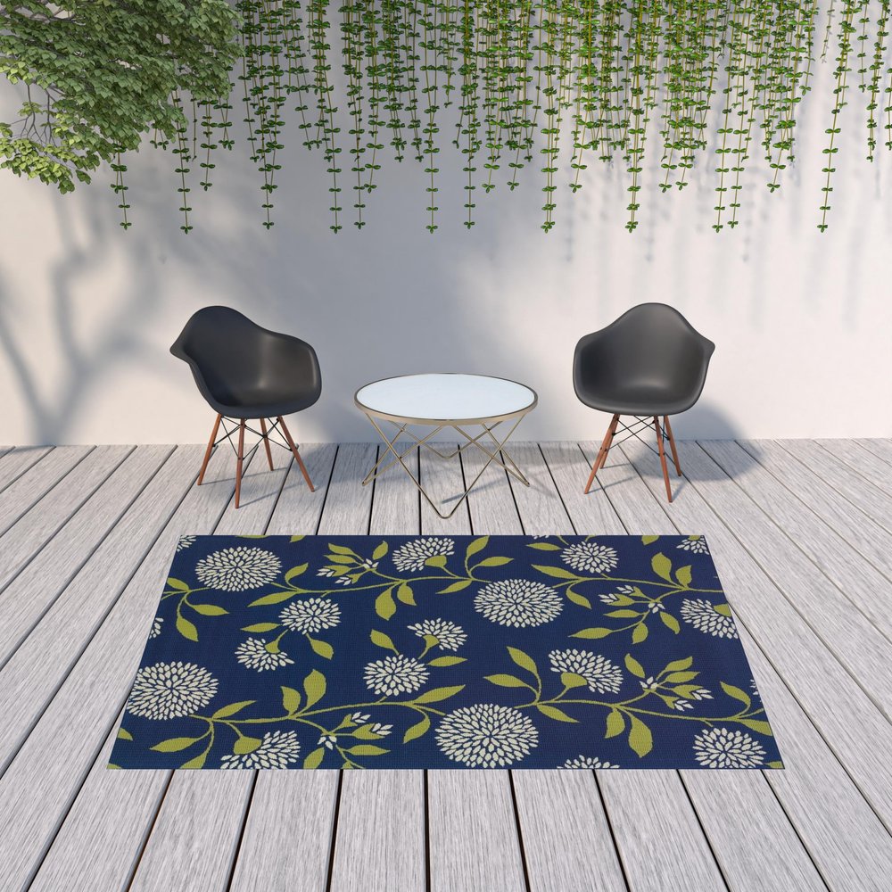 8' X 13' Blue And Green Floral Indoor Outdoor Area Rug