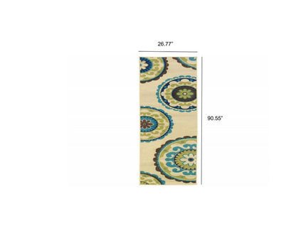 8' X 13' Ivory Indigo And Lime Green Floral Medallion Indoor Outdoor Area Rug