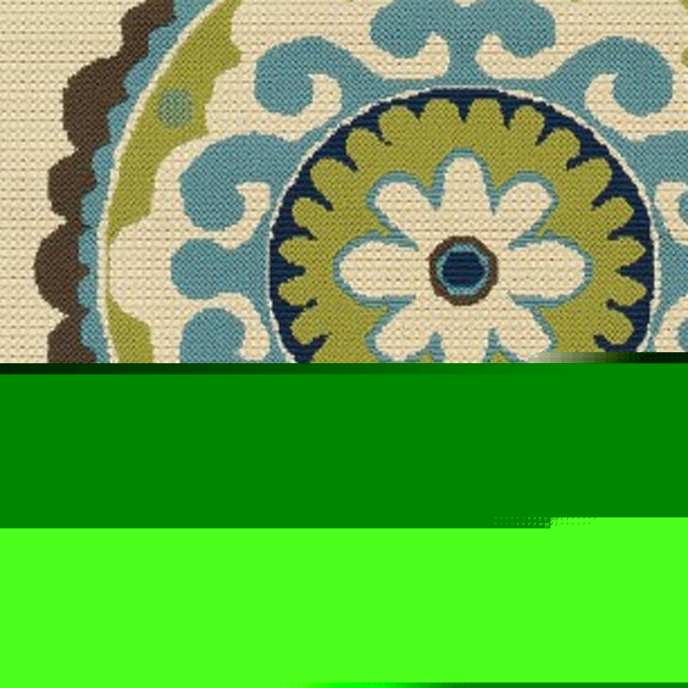 8' X 13' Ivory Indigo And Lime Green Floral Medallion Indoor Outdoor Area Rug