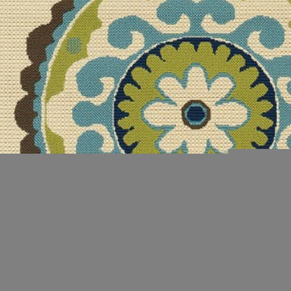 8' X 13' Ivory Indigo And Lime Green Floral Medallion Indoor Outdoor Area Rug