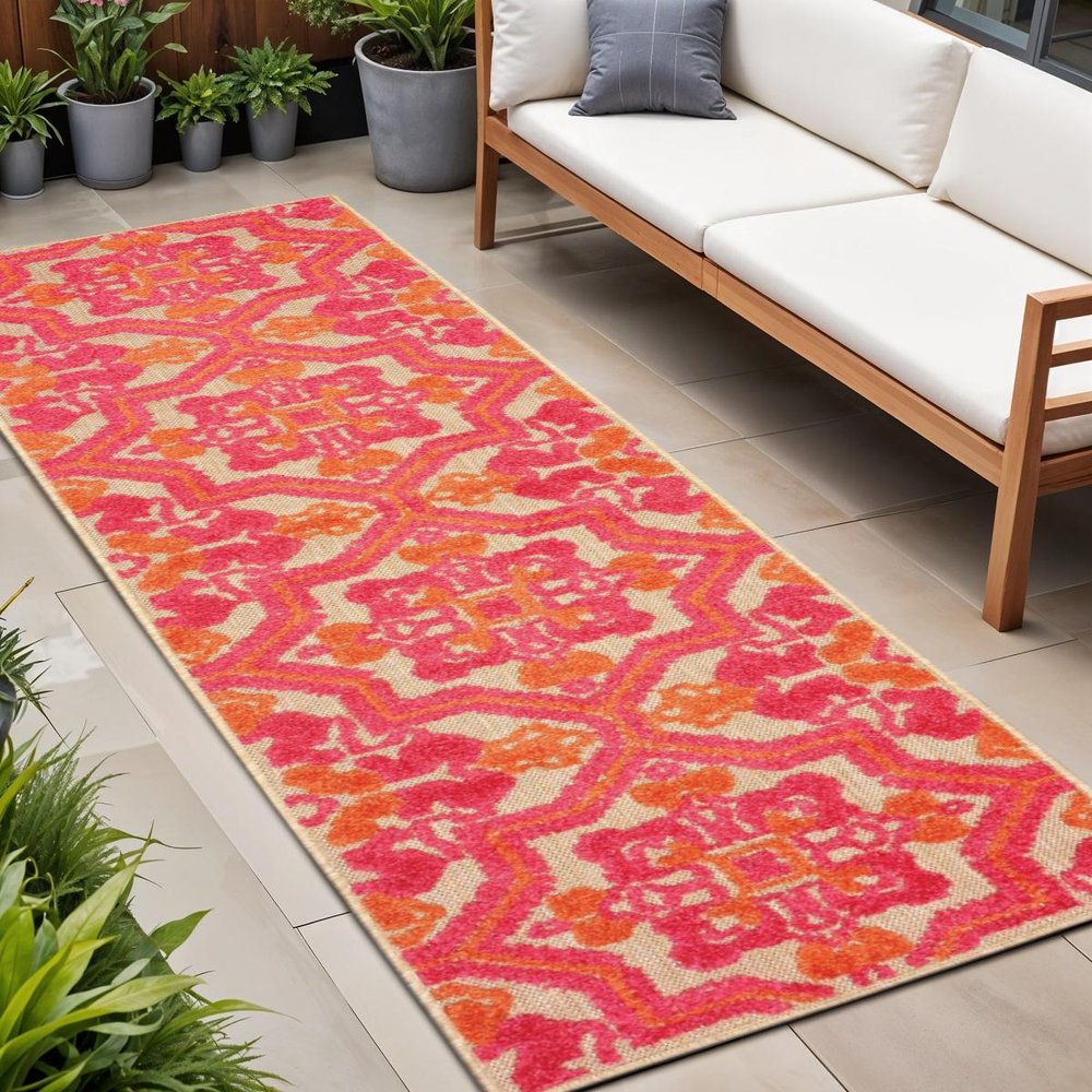 7' X 10' Pink And Orange Moroccan Indoor Outdoor Area Rug