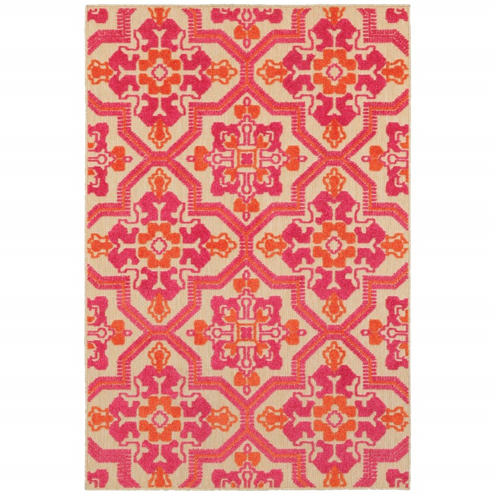 7' X 10' Pink And Orange Moroccan Indoor Outdoor Area Rug