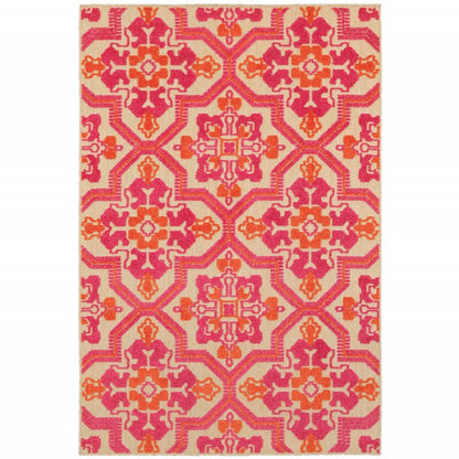 7' X 10' Pink And Orange Moroccan Indoor Outdoor Area Rug