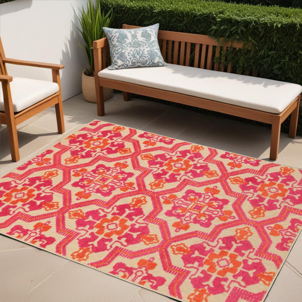 5' X 8' Pink And Orange Moroccan Indoor Outdoor Area Rug