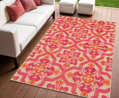 7' X 10' Pink And Orange Moroccan Indoor Outdoor Area Rug