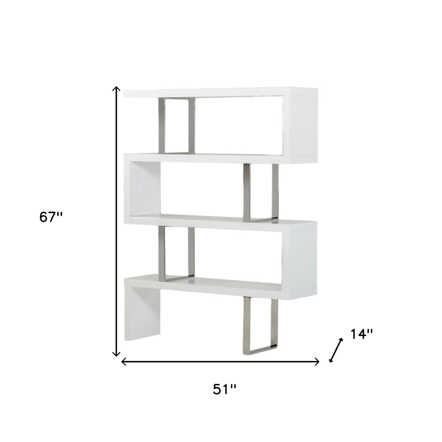 67" White Stainless Steel Four Tier Geometric Bookcase