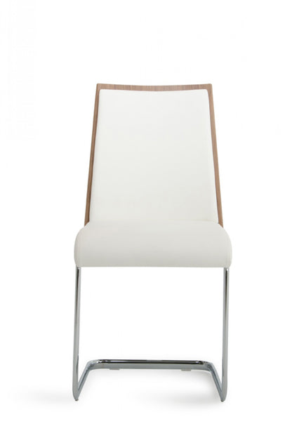 Set Of 2 Modern White Faux Leather And Walnut Finish Dining Chairs