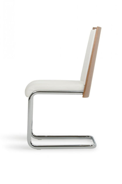 Set of Two White and Silver Upholstered Faux Leather Dining Side Chairs