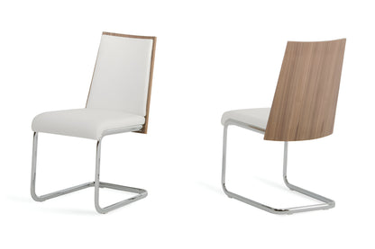 Set Of 2 Modern White Faux Leather And Walnut Finish Dining Chairs