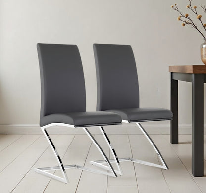 Set of Two Gray And Silver Upholstered Faux Leather Dining Side Chairs