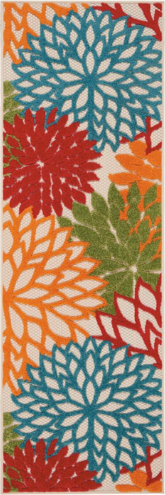 6' Runner Ivory Blue and Orange Floral Indoor Outdoor Area Rug