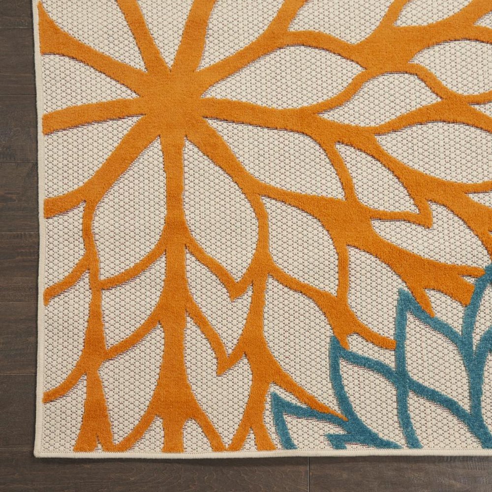 6' Runner Ivory Blue and Orange Floral Indoor Outdoor Area Rug