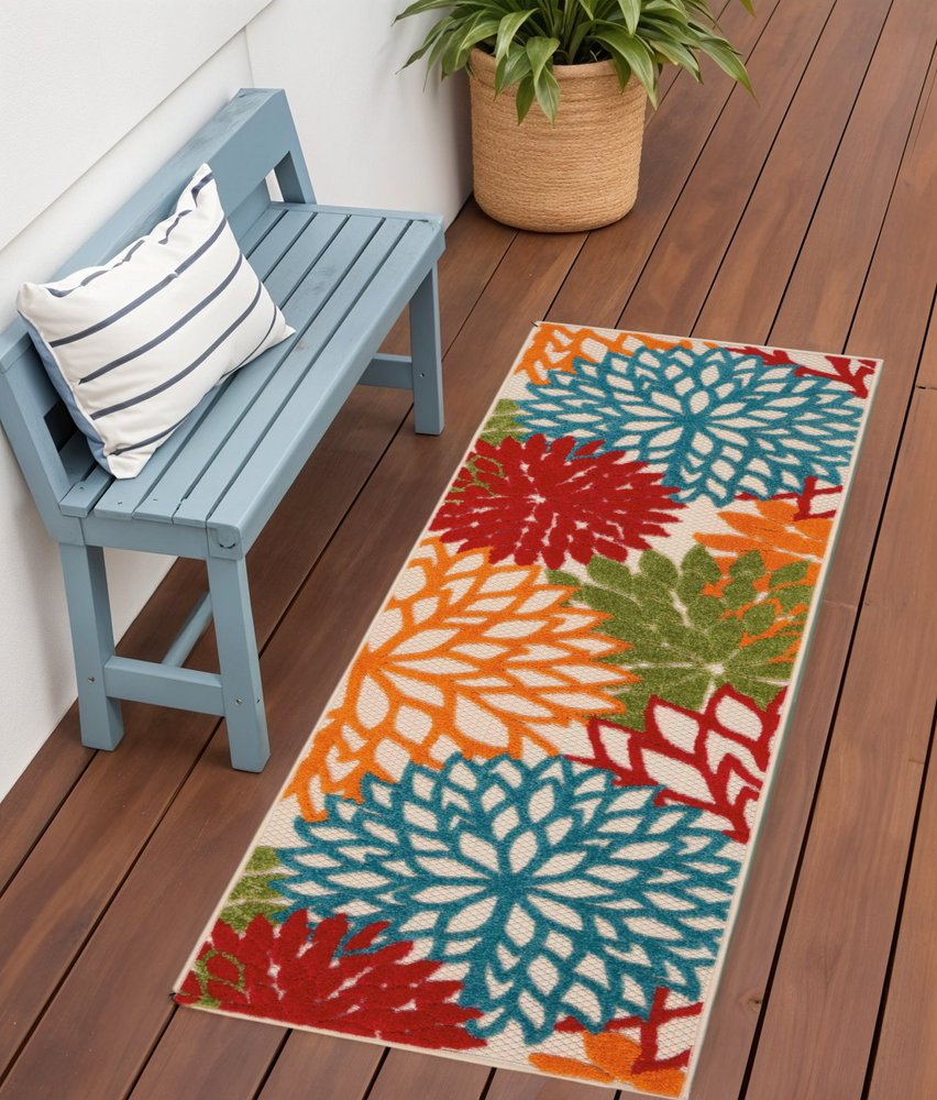 6' Runner Ivory Blue and Orange Floral Indoor Outdoor Area Rug