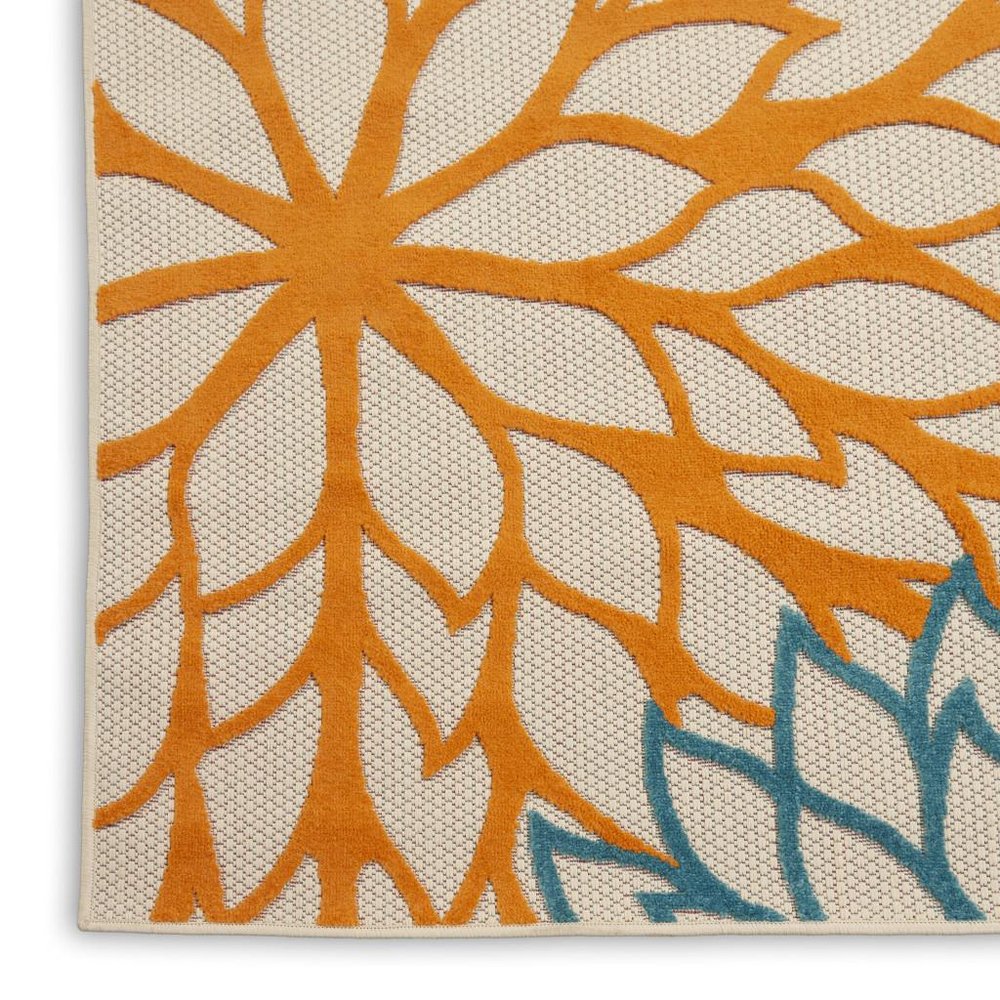 6' Runner Ivory Blue and Orange Floral Indoor Outdoor Area Rug