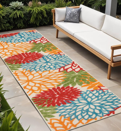 6' Runner Ivory Blue and Orange Floral Indoor Outdoor Area Rug