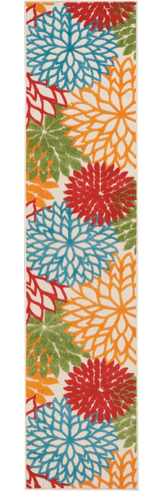 6' Runner Ivory Blue and Orange Floral Indoor Outdoor Area Rug
