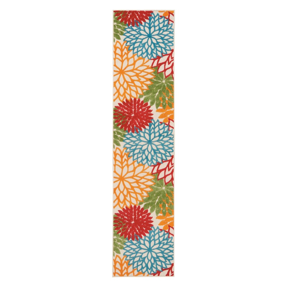 12' Green And Ivory Floral Indoor Outdoor Runner Rug