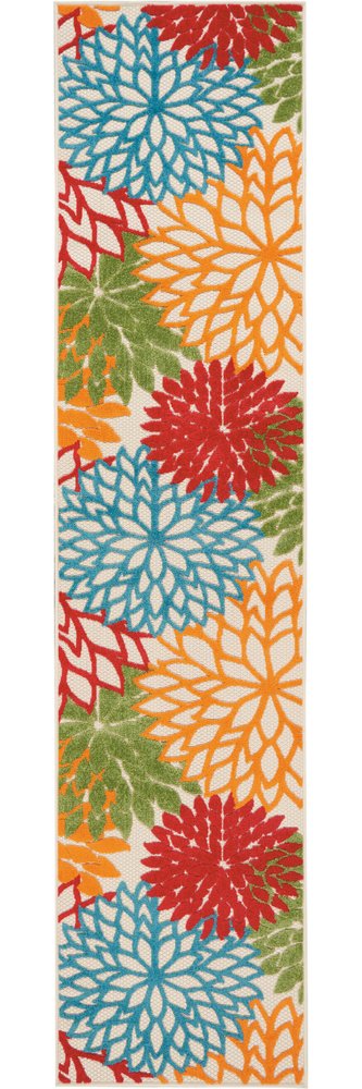 12' Green And Ivory Floral Indoor Outdoor Runner Rug