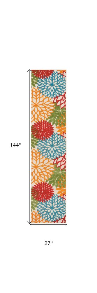 12' Green And Ivory Floral Indoor Outdoor Runner Rug