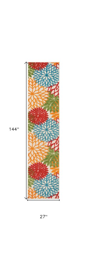 12' Green And Ivory Floral Indoor Outdoor Runner Rug