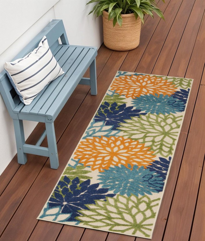 8' Ivory And Blue Indoor Outdoor Area Rug