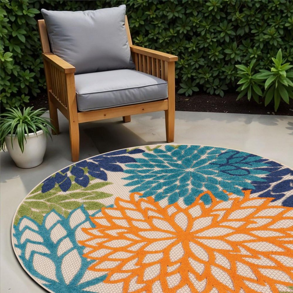 5' Ivory And Blue Round Indoor Outdoor Area Rug