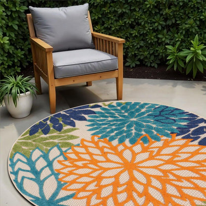 5' Ivory And Blue Round Indoor Outdoor Area Rug