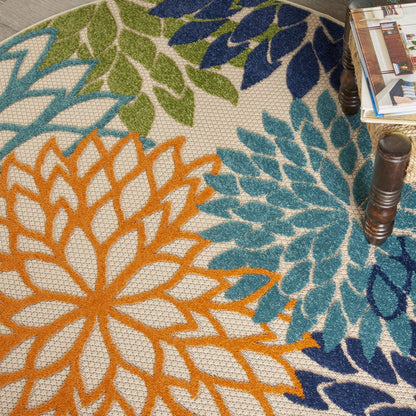 5' Ivory And Blue Round Indoor Outdoor Area Rug