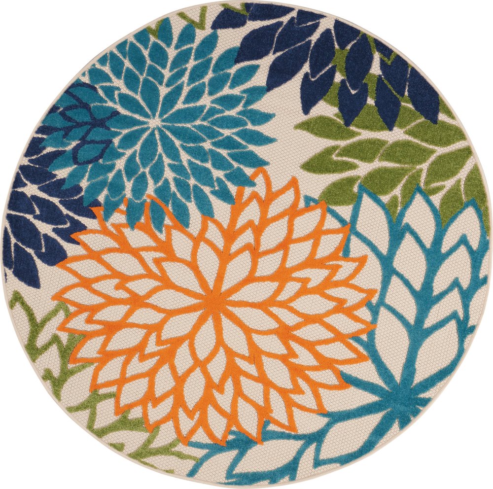 8' Ivory And Blue Round Indoor Outdoor Area Rug