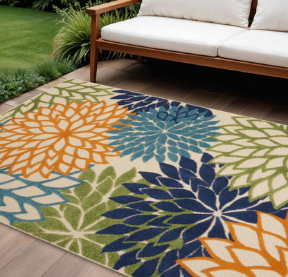 12' Ivory And Blue Floral Indoor Outdoor Runner Rug