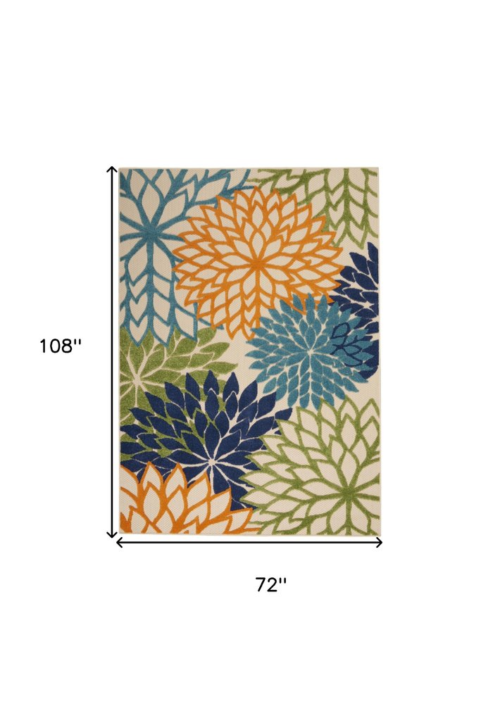 7' X 10' Ivory And Blue Floral Indoor Outdoor Area Rug