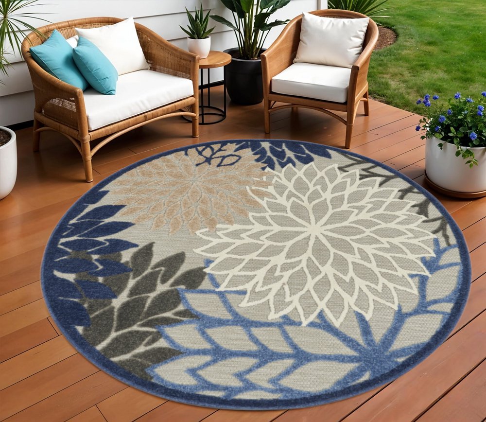 5' Blue And Gray Round Indoor Outdoor Area Rug