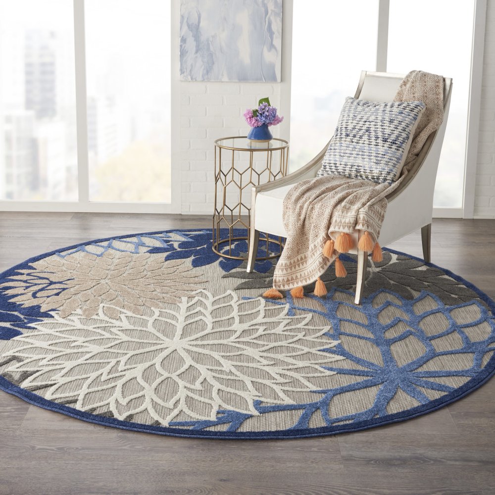 5' Blue And Gray Round Indoor Outdoor Area Rug